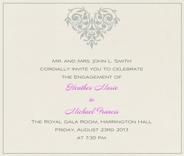 Graufarbene Hochzeitseinladungskarte mit grauem Rand und elegantem Blätterdesign in Herzform.