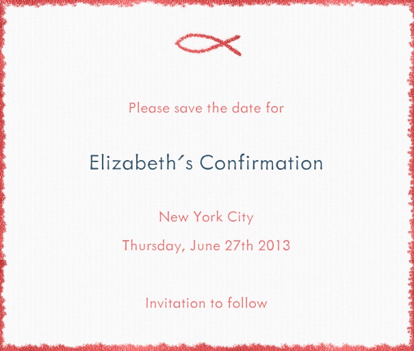 White Christening and Confirmation Save the Date card with Red Border and Jesus Fish.