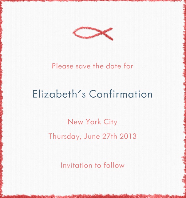 High White Christening and Confirmation Save the Date card with Red Border and Jesus Fish.