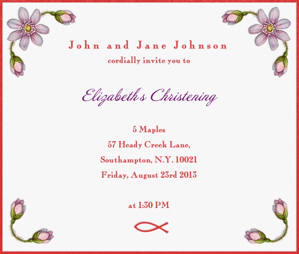 Weiße, frühlingshafte Online Einladungskarte mit rotem Rand und rosafarbenen Blumen.