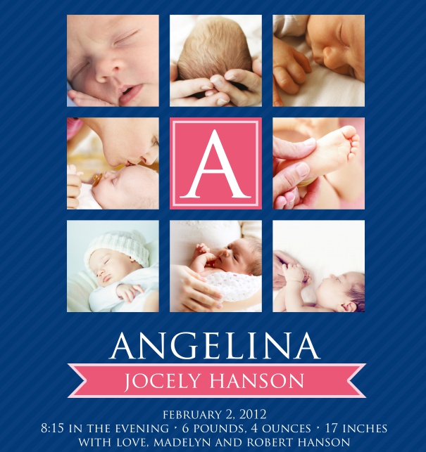 Online Birth Announcement Card with eight photo boxes.