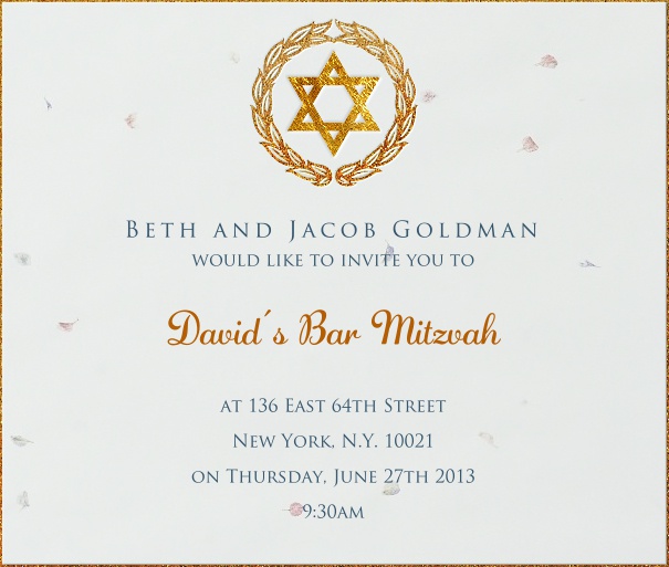 White  Bar Mitzvah Invitation or Bat Mitzvah Invitation with Gold Star of David.