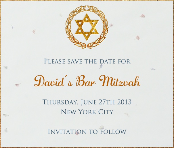 White Bar Mitzvah or Bat Mitzvah Save the Date with thin gold border and star of david.