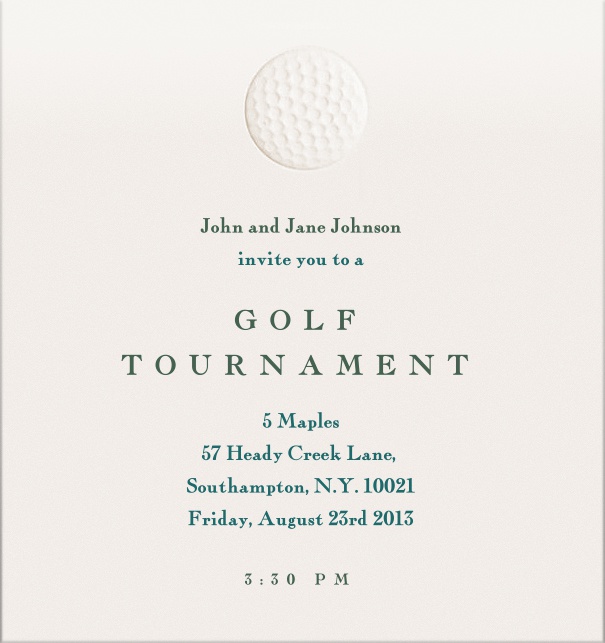 Golf Tournament Party Invitation with golf ball and turquoise   letter.
