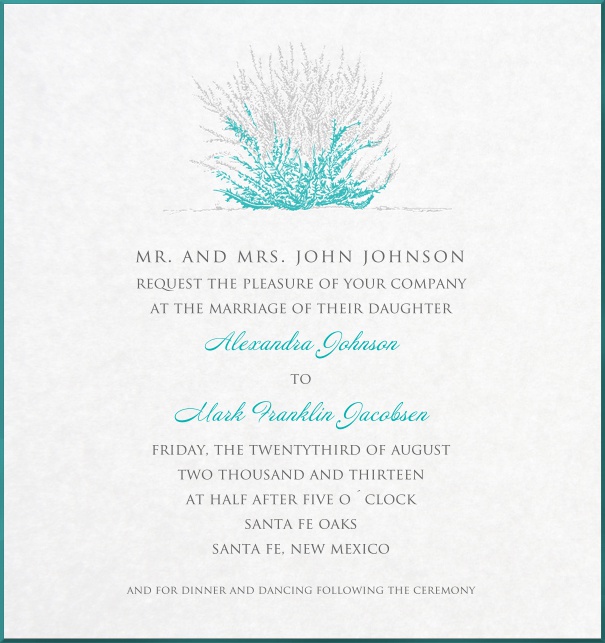 Online Wedding Invitation with turquoise-grey coral at the topcentre.