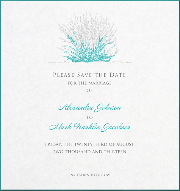 White Save the Date Card with grey-turquoise coral for weddings.