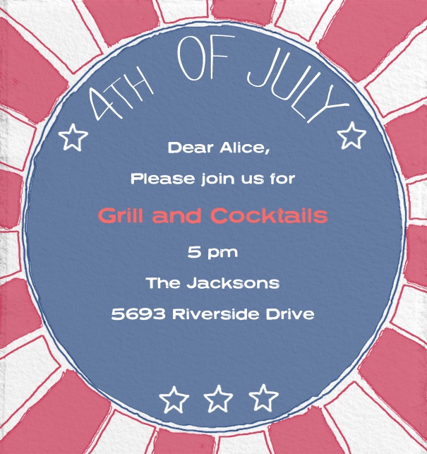 Fourth of July Invitation Online with Round Blue Text and Red and White Background.