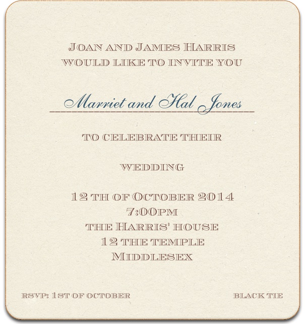 Tan Formal Wedding Anniversary Invitation with custom name and gold border.