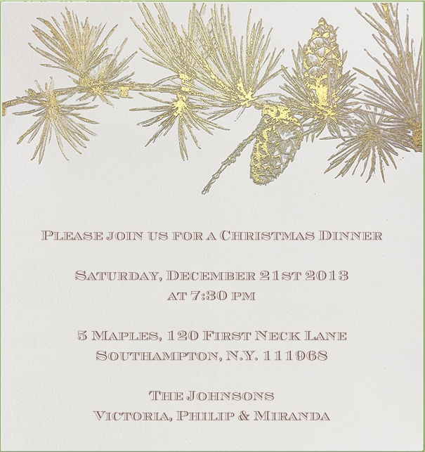 Christmas Dinner Invitation with Gold Christmas Tree Branch.