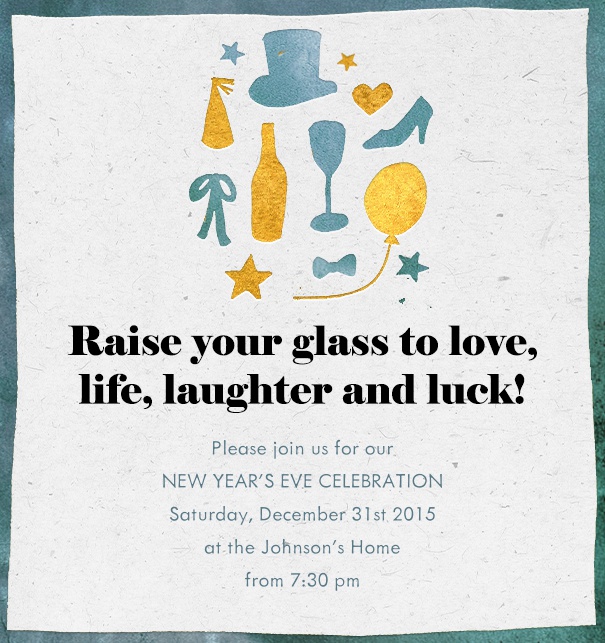 Online Cocktail Invitation with white background, green  frame, Party symbols on the top and customizable text.