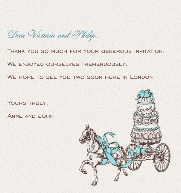 Online classic correspondence card with horses pulling a cake.