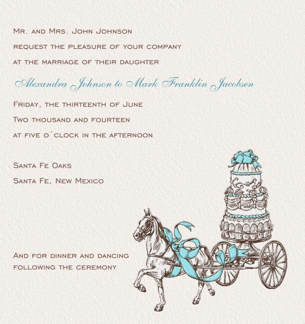 Online Hochzeitseinladungskarte mit Pferd und Hochzeitstorte.