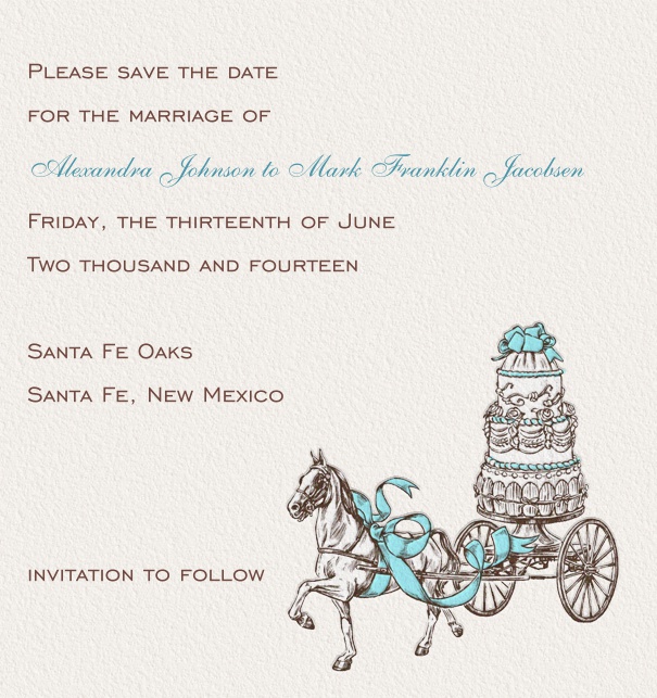 Online Save the Date Card for wedding with cake and carriage.