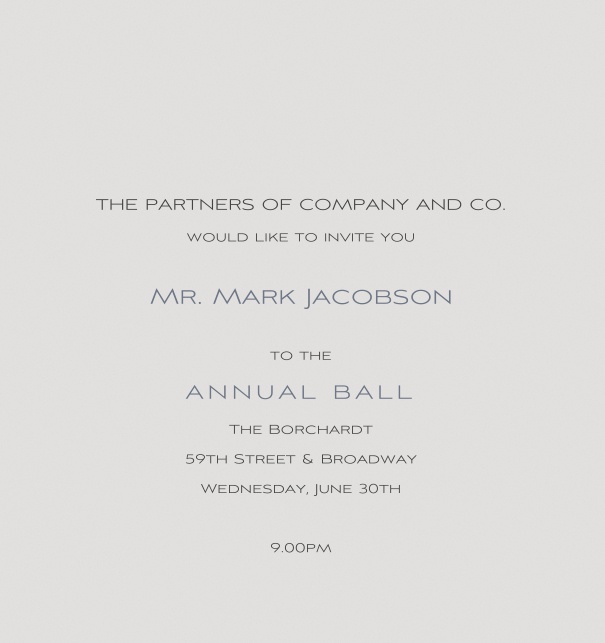 Grey Formal Corporate Invitation in high format Online for Ball or Anniversary event.