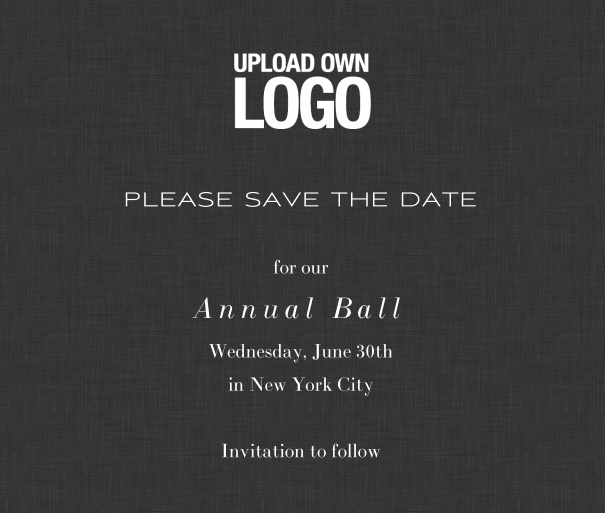 Squared black online Save the Date template for corporate events and annual ball with white text, space to upload own logo on top left and event details box.