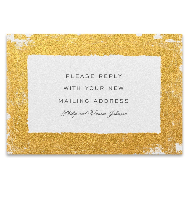 Weiße Karte mit goldenem Rand zur Abfrage der Postadresse mit editierbarem Textfeld.