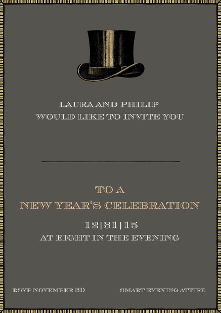 Party invitation card with top hat including dotted line for guest's name.