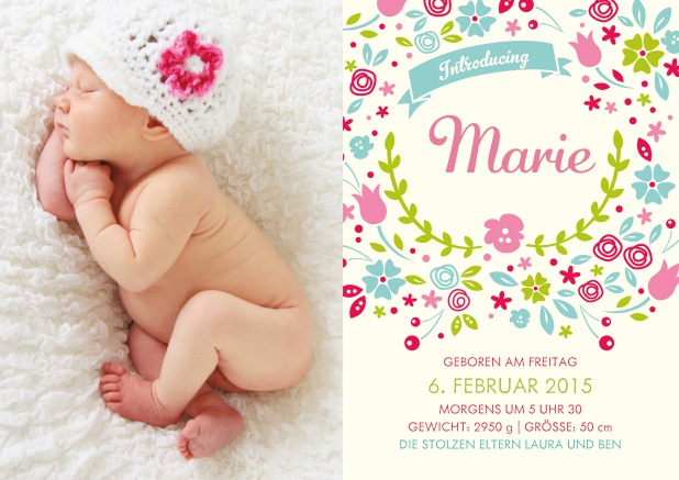 Online Geburtskarte mit Blumen, Fotofeld und editierbarem Text.
