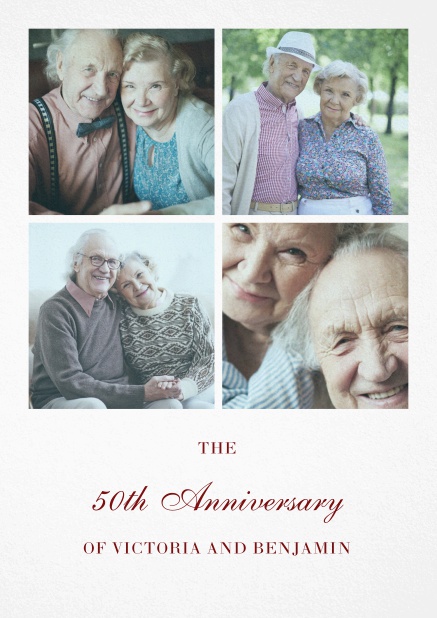 Paper 50th anniversary invitation card with four photo boxes.