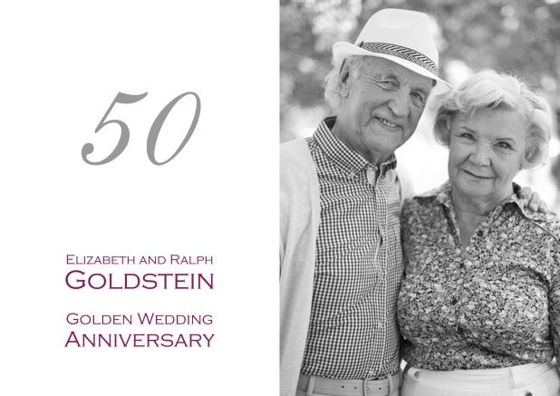 50th anniversary invitation card with number and photo.