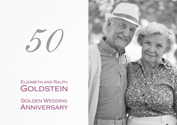 Golden anniversary invitation card with photo and text options.