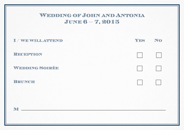 Online reply card with in several color variations available. Navy.