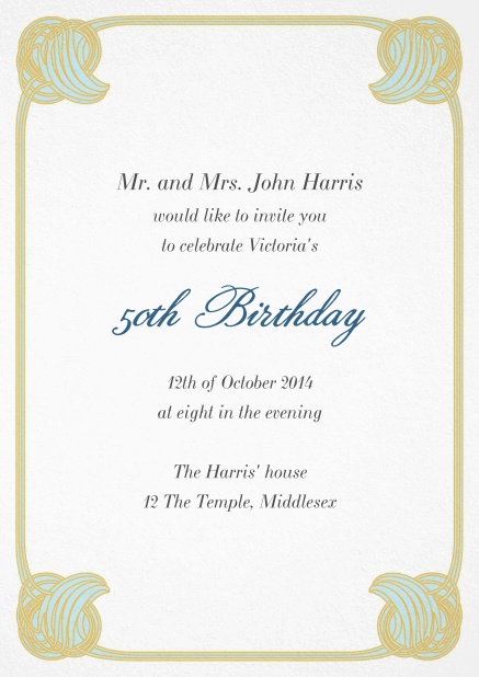 Einladungskarte zum 50. Geburtstag mit abgerundeten Blumenelementen und editierbarem Text.