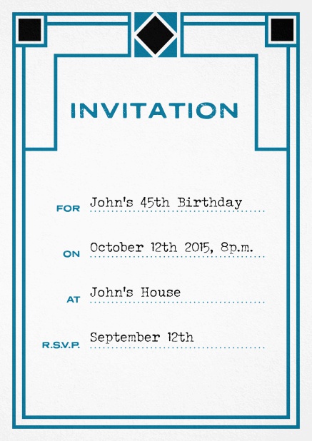 Birthday invitation fill out card with art nouveau design and editable text. Blue.