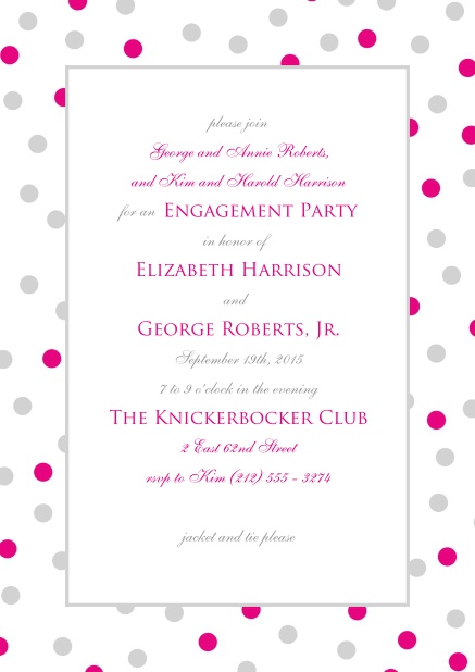 Online invitation with pink and grey dotted frame and text field in the middle.