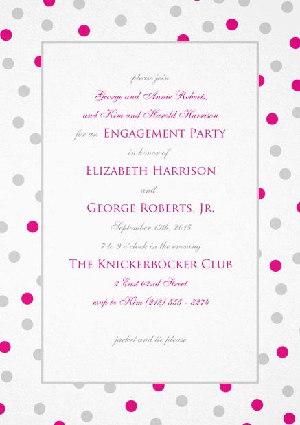 Invitation with pink and grey dotted frame and text field in the middle.
