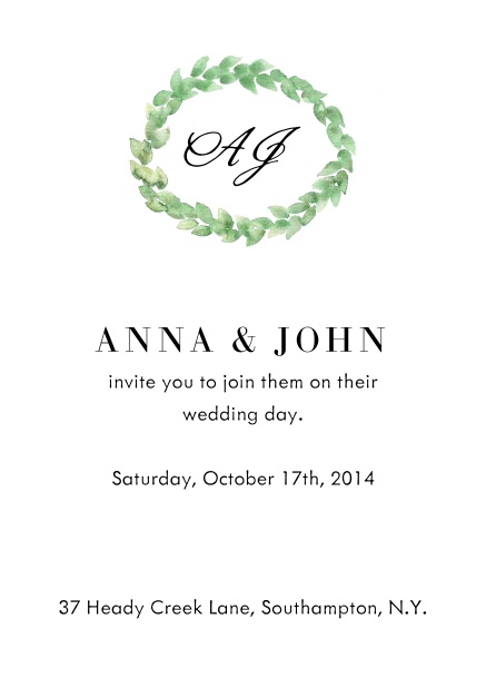 Online Wedding invitation card with green laurel wreath, initials and editable text.