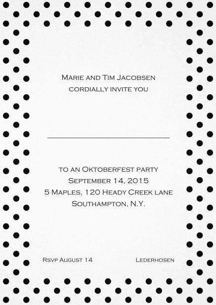 Classic invitation card with poka dotted frame in several colors and editable text. Black.