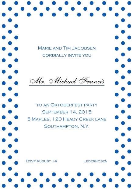 Classic online invitation card with poka dotted frame, editable text and line for personal addressing. Blue.