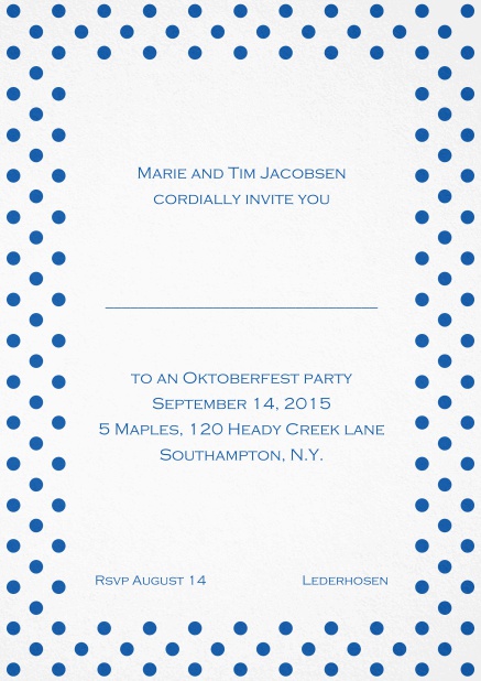 Classic invitation card with poka dotted frame in several colors and editable text. Blue.