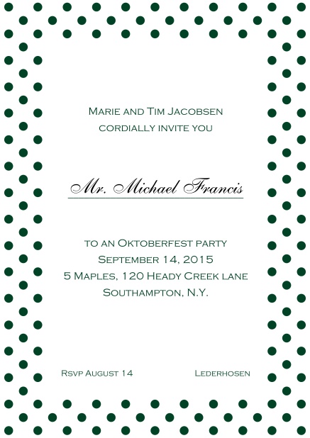 Classic online invitation card with poka dotted frame, editable text and line for personal addressing. Green.