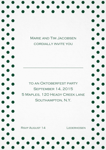 Classic invitation card with poka dotted frame in several colors and editable text. Green.