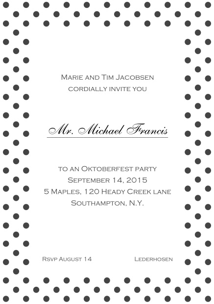Classic online invitation card with poka dotted frame, editable text and line for personal addressing. Grey.