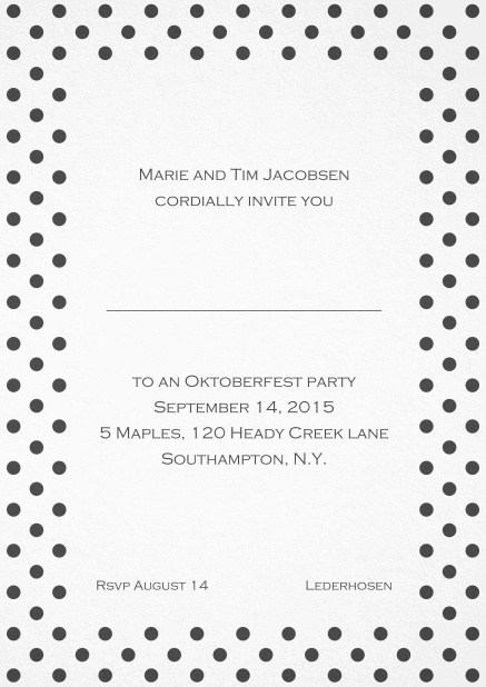 Classic invitation card with poka dotted frame in several colors and editable text. Grey.