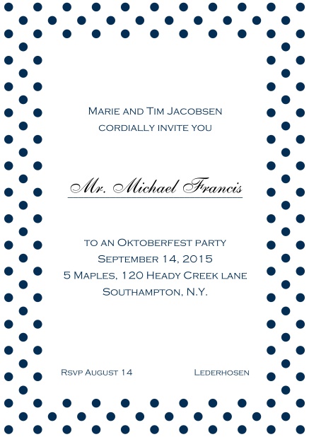Classic online invitation card with poka dotted frame, editable text and line for personal addressing. Navy.