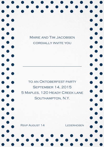 Classic invitation card with poka dotted frame in several colors and editable text. Navy.