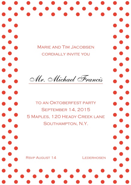 Classic online invitation card with poka dotted frame, editable text and line for personal addressing. Red.