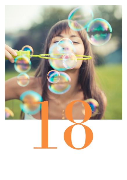 18. online Geburtstagskarte mit Fotofeld und editierbarem Textfeld halb auf dem Foto. Orange.