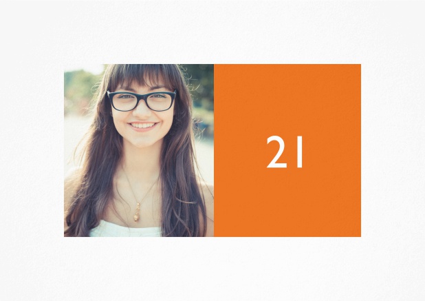 Birthday card for a 21st Birthday celebration including photo and editable textfield. Orange.