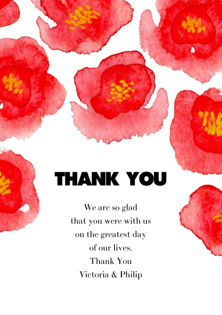 Thank you card online with red flowers, good for thanking guests for presents or for their presence.