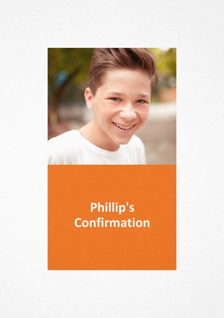 Confirmation invitation card in portrait format with customizable colored text box. Orange.