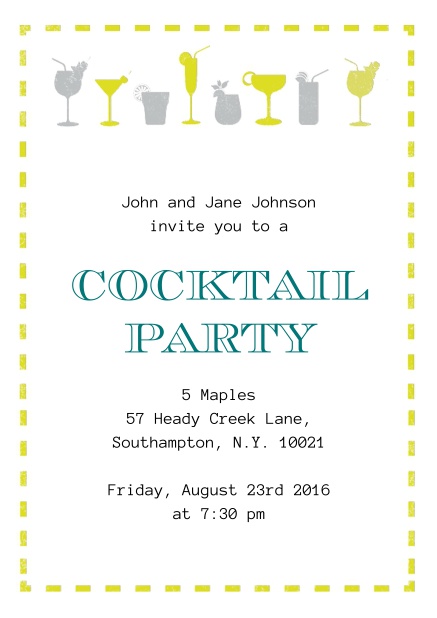 Online Sommer Cocktail Einladungskarte mit gelben und grauen Cocktails.