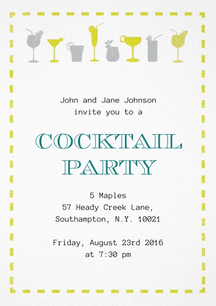 Summer cocktails invitation with yellow and grey cocktails.