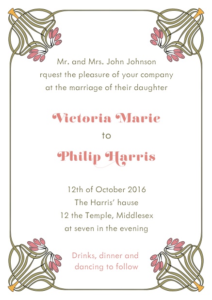 Online Wedding invitation card with delicate art-nouveau floral design elements inside frame.