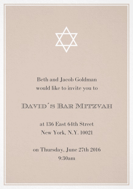 Bar oder Bat Mitzvah Einladungskarte in auswählbaren Farben mit Davidstern. Beige.