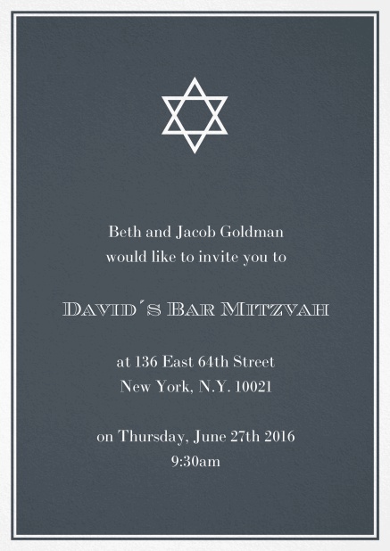 Bar oder Bat Mitzvah Einladungskarte in auswählbaren Farben mit Davidstern. Schwarz.